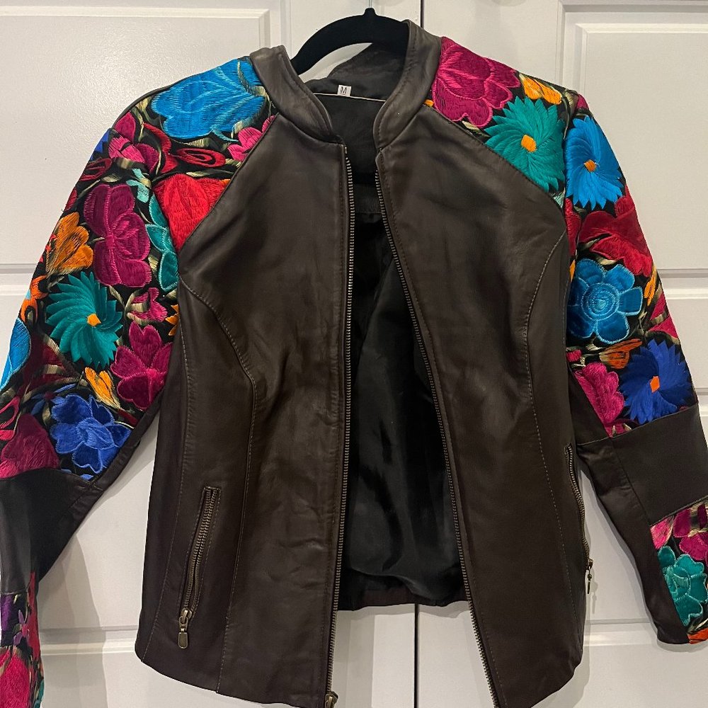 Handmade Brown Leather Embroidered Jacket